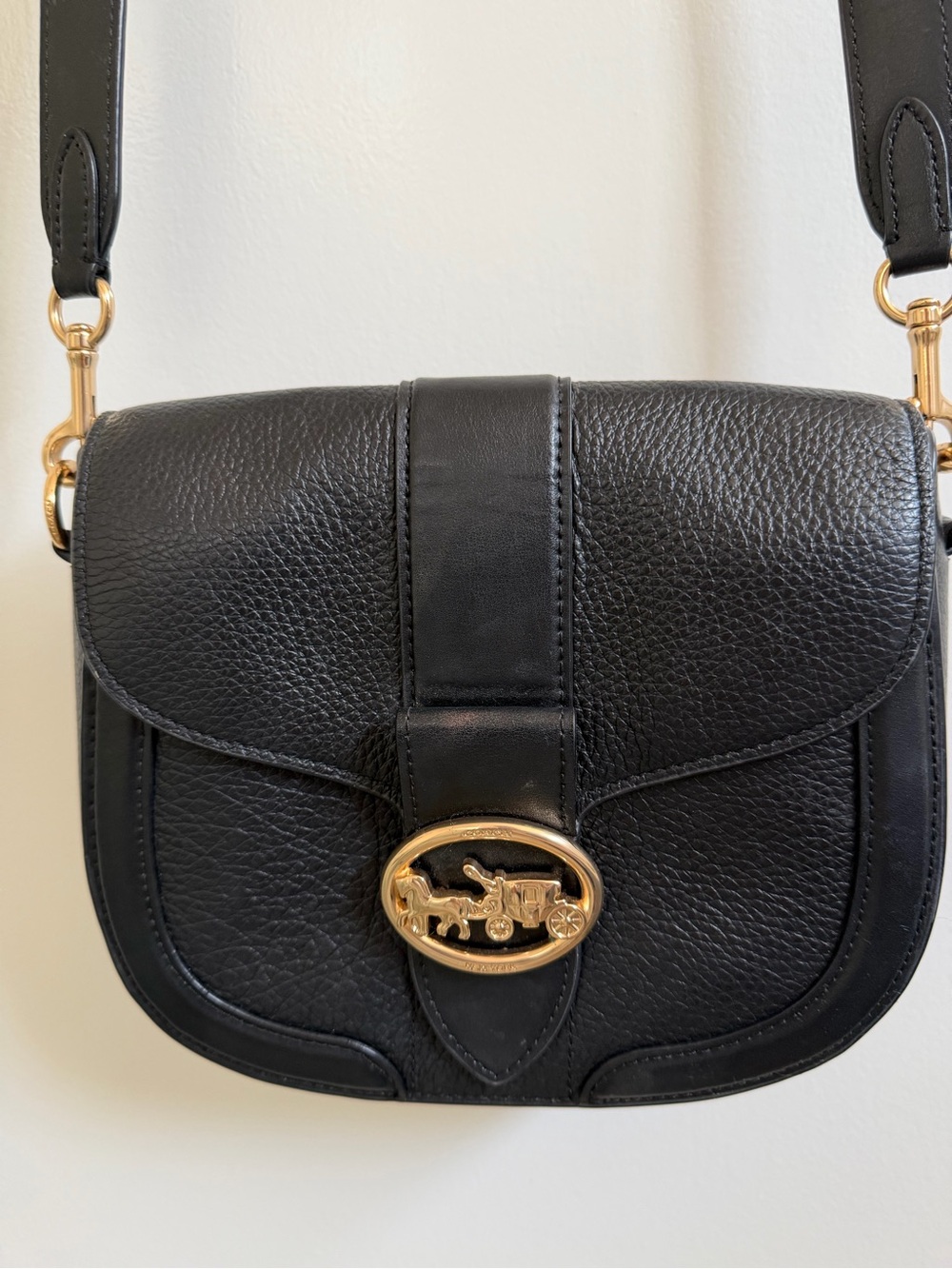 Coach Black Pebbled Leather Crossbody with Gold Horse & Carriage Emblem